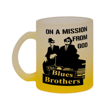 Blues brothers on a mission from God, Κούπα γυάλινη δίχρωμη με βάση το κίτρινο ματ, 330ml