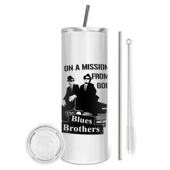 Blues brothers on a mission from God, Eco friendly ποτήρι θερμό (tumbler) από ανοξείδωτο ατσάλι 600ml, με μεταλλικό καλαμάκι & βούρτσα καθαρισμού