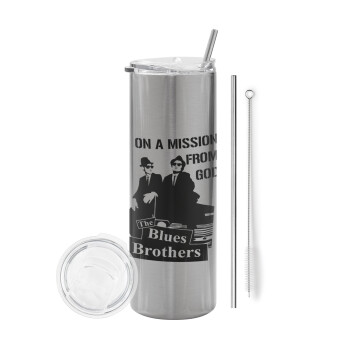 Blues brothers on a mission from God, Eco friendly stainless steel Silver tumbler 600ml, with metal straw & cleaning brush