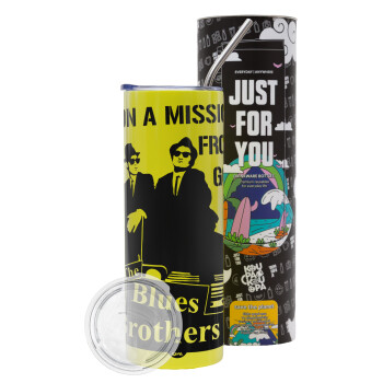 Blues brothers on a mission from God, Neon Yellow Travel Tumbler θερμό, μεταλλικό καλαμάκι(Ανωξείδωτο 304 Food grade, BPA free, 600ml)