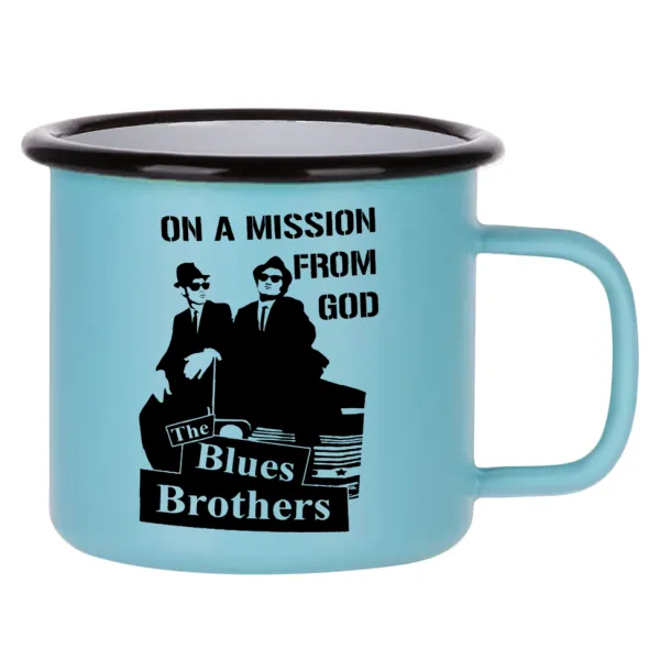 Blues brothers on a mission from God — Metal enamel mug, matte light blue, 360ml