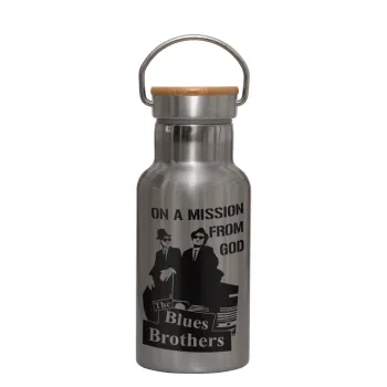 Blues brothers on a mission from God, Μεταλλικό παγούρι θερμός (Stainless steel) Ασημένιο με ξύλινο καπακι (bamboo), διπλού τοιχώματος, 350ml