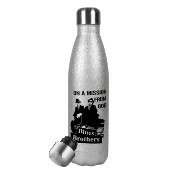 Blues brothers on a mission from God, Metallic Glitter Silver Thermos Flask (Stainless steel), double-walled, 500ml