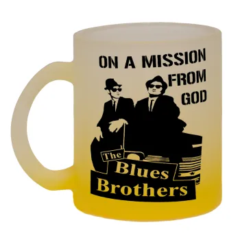 Blues brothers on a mission from God, Κούπα γυάλινη δίχρωμη με βάση το κίτρινο ματ, 330ml