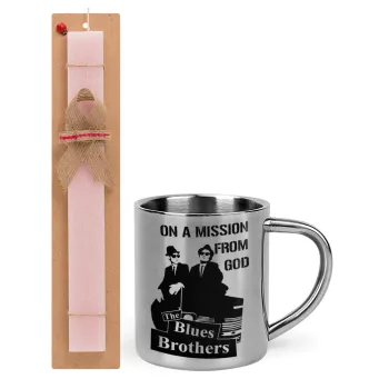 Blues brothers on a mission from God, Easter Set, metallic thermal cup (300ml) & aromatic flat Easter candle (30cm) (PINK)