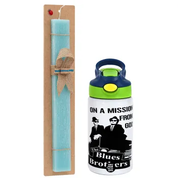 Blues brothers on a mission from God, Easter Set, Children's thermal stainless steel bottle with safety straw, green/blue (350ml) & aromatic flat Easter candle (30cm) (TURQUOISE)