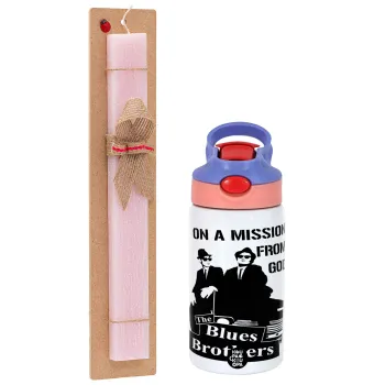 Blues brothers on a mission from God, Easter Set, Children's thermal stainless steel water bottle with safety straw, pink/purple (350ml) & Easter scented flat candle (30cm) (PINK)