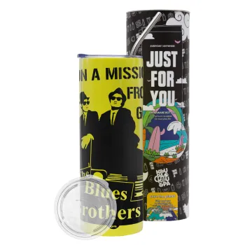 Blues brothers on a mission from God, Neon Yellow Travel Tumbler θερμό, μεταλλικό καλαμάκι(Ανωξείδωτο 304 Food grade, BPA free, 600ml)