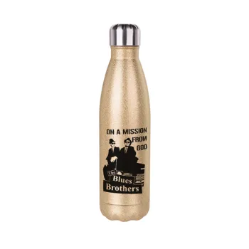 Blues brothers on a mission from God, Glitter gold stainless steel thermos bottle, double-walled, 500ml