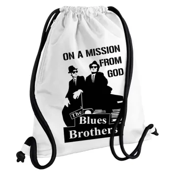 Blues brothers on a mission from God, Backpack pouch GYMBAG white, with pocket (40x48cm) & thick cords