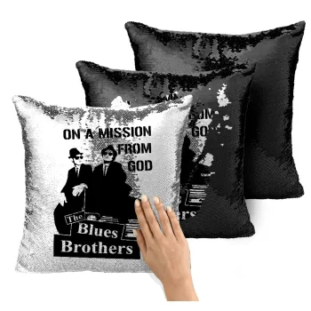Blues brothers on a mission from God, Μαξιλάρι καναπέ Μαγικό Μαύρο με πούλιες 40x40cm περιέχεται το γέμισμα