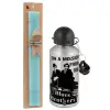 Easter Set, metallic silver aluminum water bottle (500ml) & scented flat Easter candle (30cm) (TURQUOISE)