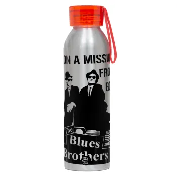 Blues brothers on a mission from God, Αλουμινένιο Αθλητικό Μπουκάλι 650ml – Ασημί με Κόκκινο Καπάκι και Λουράκι Σιλικόνης