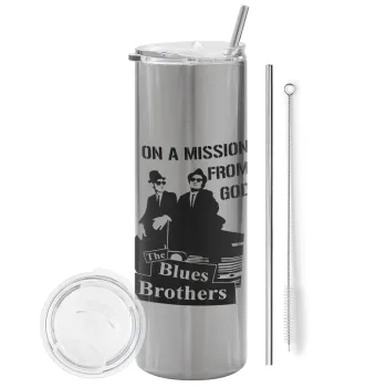 Blues brothers on a mission from God, Tumbler ποτήρι θερμό Ασημένιο από ανοξείδωτο ατσάλι 600ml, με μεταλλικό καλαμάκι & βούρτσα καθαρισμού