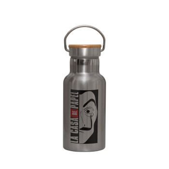 La casa de papel vertical, Stainless steel metallic thermos flask, silver with a bamboo lid, double-walled, 350ml.