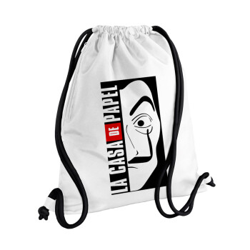 La casa de papel vertical, Backpack pouch GYMBAG white, with pocket (40x48cm) & thick cords