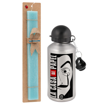 La casa de papel vertical, Easter Set, metallic silver aluminum water bottle (500ml) & scented flat Easter candle (30cm) (TURQUOISE)