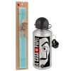 Easter Set, metallic silver aluminum water bottle (500ml) & scented flat Easter candle (30cm) (TURQUOISE)