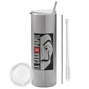 La casa de papel vertical, Eco friendly stainless steel Silver tumbler 600ml, with metal straw & cleaning brush