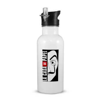 La casa de papel vertical, Παγούρι νερού Λευκό με καλαμάκι, ανοξείδωτο ατσάλι 600ml