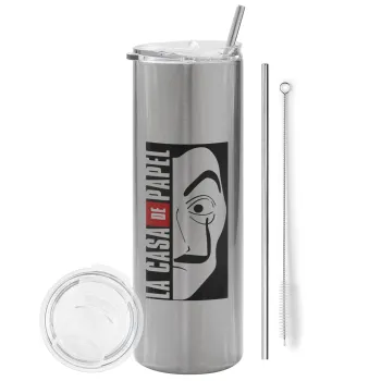 La casa de papel vertical, Tumbler stainless steel Silver 600ml, with metal straw & cleaning brush