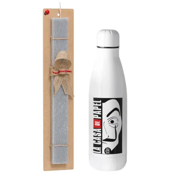 La casa de papel vertical, Easter Set, metallic stainless thermos bottle (500ml) & scented flat Easter candle (30cm) (GRAY)