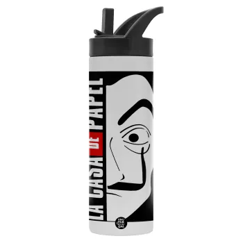 La casa de papel vertical, Μεταλλικό παγούρι θερμός με καλαμάκι & χειρολαβή, ανοξείδωτο ατσάλι (Stainless steel 304), διπλού τοιχώματος, 600ml