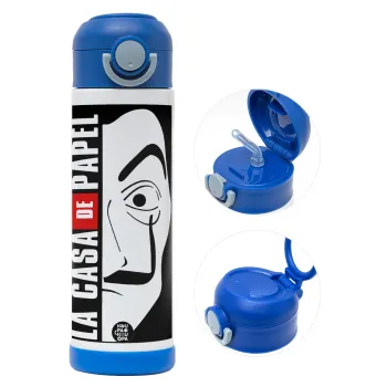 La casa de papel vertical, Children's hot water bottle, stainless steel, with safety straw, BLUE (500ml)
