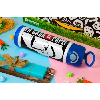 La casa de papel vertical, Easter candle, Childrens hot water bottle, stainless steel, with safety straw, BLUE (500ml)