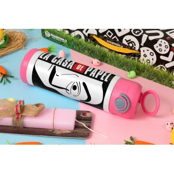 La casa de papel vertical, Easter candle, Childrens hot water bottle, stainless steel, with safety straw, PINK (500ml)