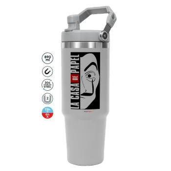 La casa de papel vertical, ΓΚΡΙ χρώματος Θερμός Ανοξείδωτο 890ml (30oz) με χερούλι