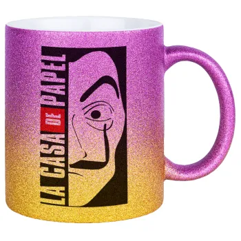 La casa de papel vertical, Κούπα Χρυσή/Ροζ Glitter, κεραμική, 330ml