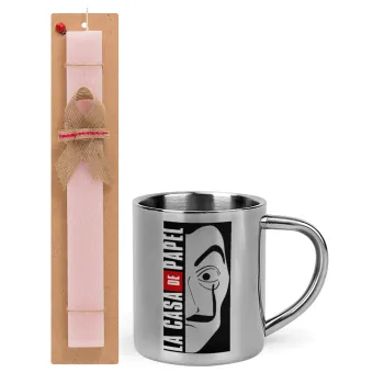 La casa de papel vertical, Easter Set, metallic thermal cup (300ml) & aromatic flat Easter candle (30cm) (PINK)