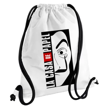 La casa de papel vertical, Backpack pouch GYMBAG white, with pocket (40x48cm) & thick cords