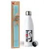 Easter Set, metallic stainless steel water bottle (750ml) & aromatic flat Easter candle (30cm) (TURQUOISE)