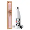 Easter Set, metallic stainless steel water bottle (750ml) & scented flat Easter candle (30cm) (PINK)