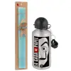 Easter Set, metallic silver aluminum water bottle (500ml) & scented flat Easter candle (30cm) (TURQUOISE)