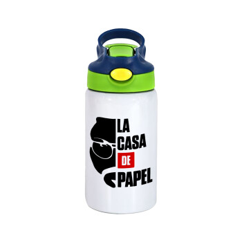 La casa de papel, Children's hot water bottle, stainless steel, with safety straw, green, blue (350ml)