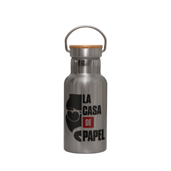 La casa de papel, Stainless steel metallic thermos flask, silver with a bamboo lid, double-walled, 350ml.