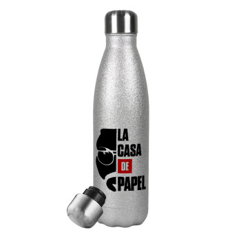 La casa de papel, Μεταλλικό παγούρι θερμός Glitter Aσημένιο (Stainless steel), διπλού τοιχώματος, 500ml