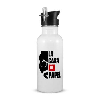 La casa de papel, White water bottle with straw, stainless steel 600ml
