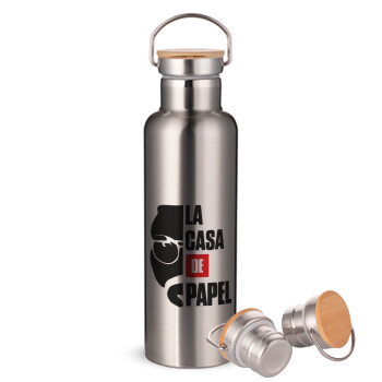 La casa de papel, Stainless steel Silver with wooden lid (bamboo), double wall, 750ml