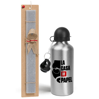 La casa de papel, Easter Set, metallic silver aluminum water bottle (500ml) & aromatic flat Easter candle (30cm) (GRAY)