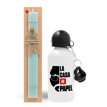 La casa de papel, Easter Set, metallic aluminum water bottle (500ml) & scented flat candle (30cm) (TURQUOISE)