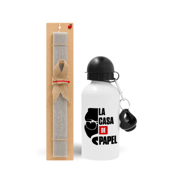 La casa de papel, Easter Set, metallic aluminum water bottle (500ml) & aromatic flat Easter candle (30cm) (GRAY)
