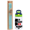 Easter Set, Children's thermal stainless steel bottle with safety straw, green/blue (350ml) & aromatic flat Easter candle (30cm) (TURQUOISE)