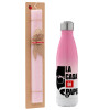 Easter Set, Metallic pink/white (Stainless steel) thermos, double-walled, 500ml & aromatic flat Easter candle (30cm) (PINK)
