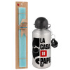 Easter Set, metallic silver aluminum water bottle (500ml) & scented flat Easter candle (30cm) (TURQUOISE)