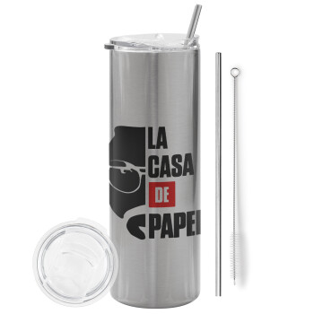 La casa de papel, Eco friendly stainless steel Silver tumbler 600ml, with metal straw & cleaning brush