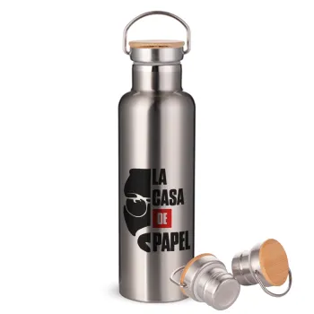 La casa de papel, Μεταλλικό παγούρι θερμός (Stainless steel) Ασημένιο με ξύλινο καπακι (bamboo), διπλού τοιχώματος, 750ml